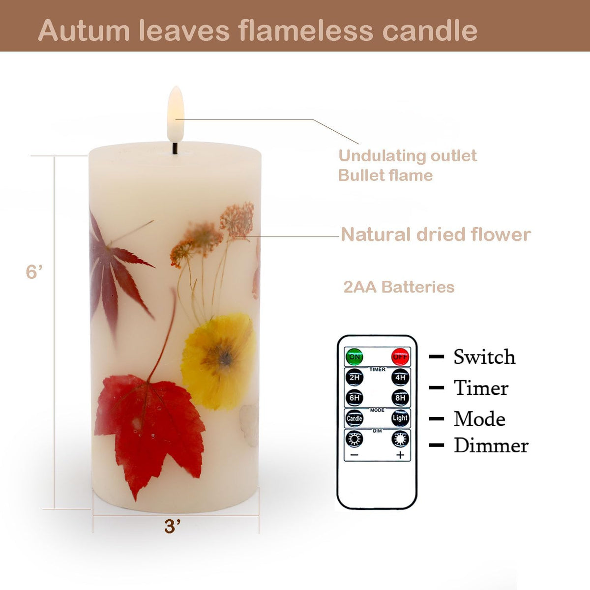 Fall Flameless Pillar Candles, Battery Operated with Remote & Timer, Real Wax Embedded Maple Leaf & Marigold, Straight Edge Unscented Led Candles for Halloween Thanksgiving Harvest Home Decor
