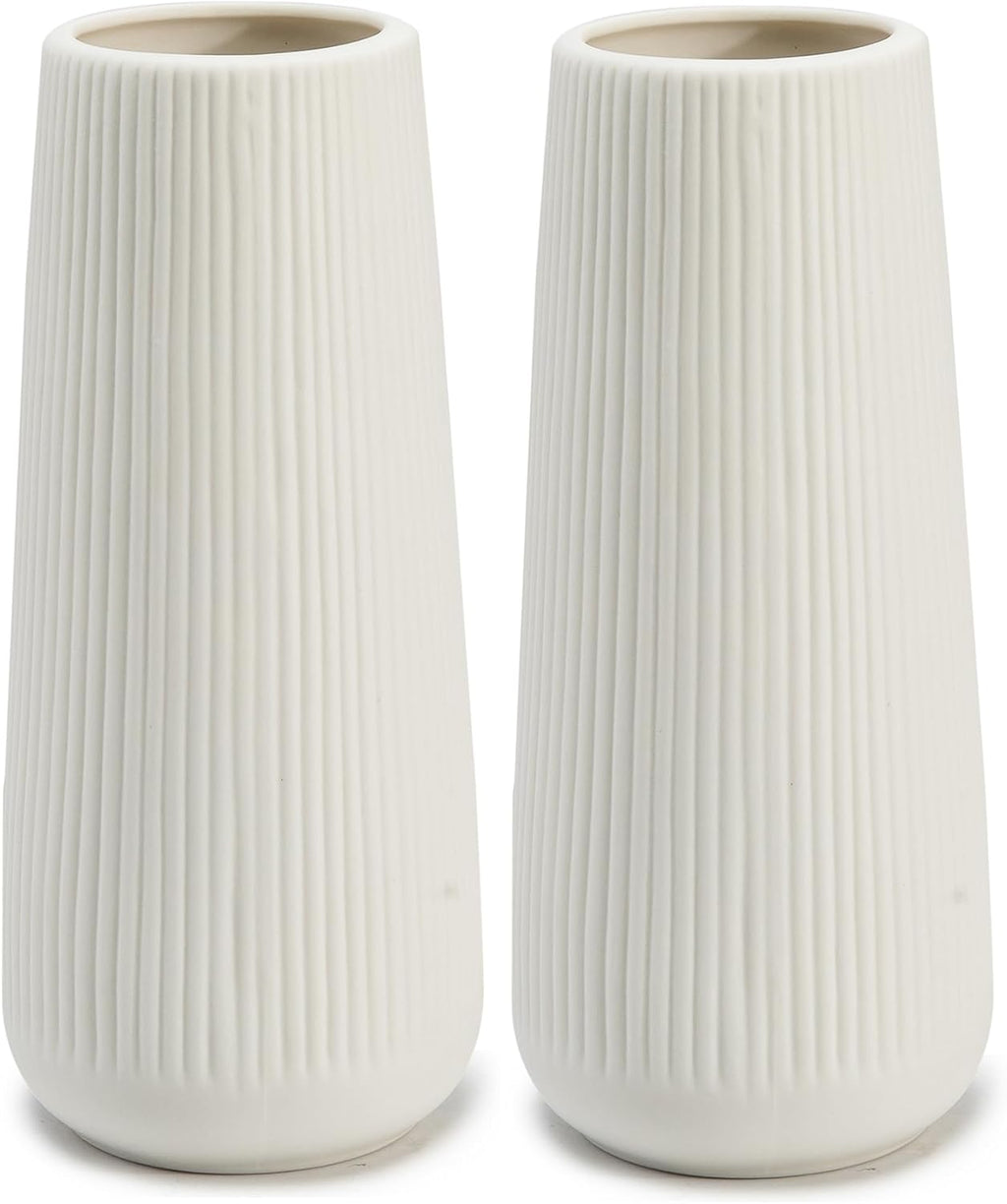 Ceramic Vase for Flower, Pampas Grass Vase, 7.8''H Ribbed, White, 2pcs