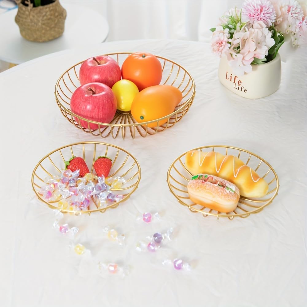 LANDTOM 3-Tier Fruit Basket Holder Decorative Fruit Bowl Rack Metal Stand Table Countertop Holder for Vegetables Bread Snack for Kitchen Home Use, Gold (Type E)