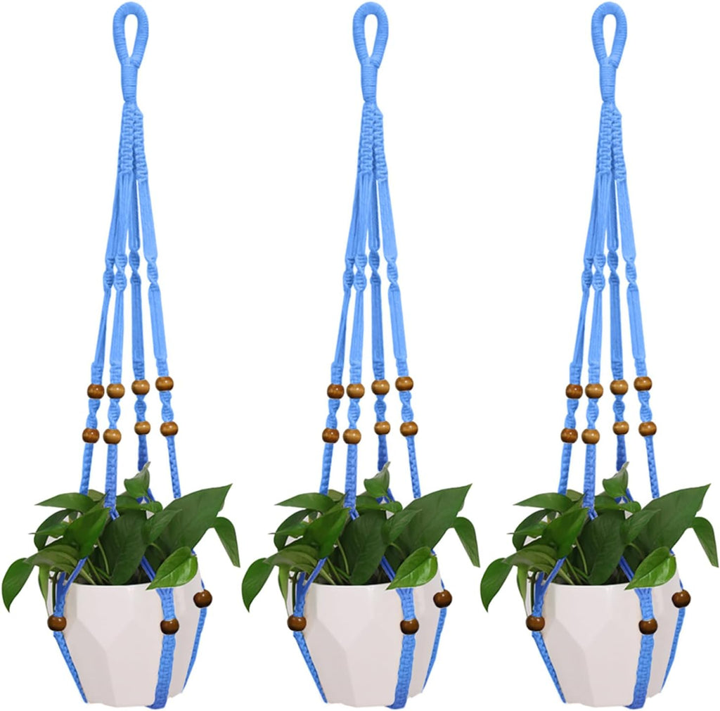 3 Pcs 35 Inch Macrame Plant Hanger Flower Pot Hanging Plant Holder No Tassels Decorative Hanging Planter Basket with Wood Beads for Indoor Outdoor Home Decor (Blue)