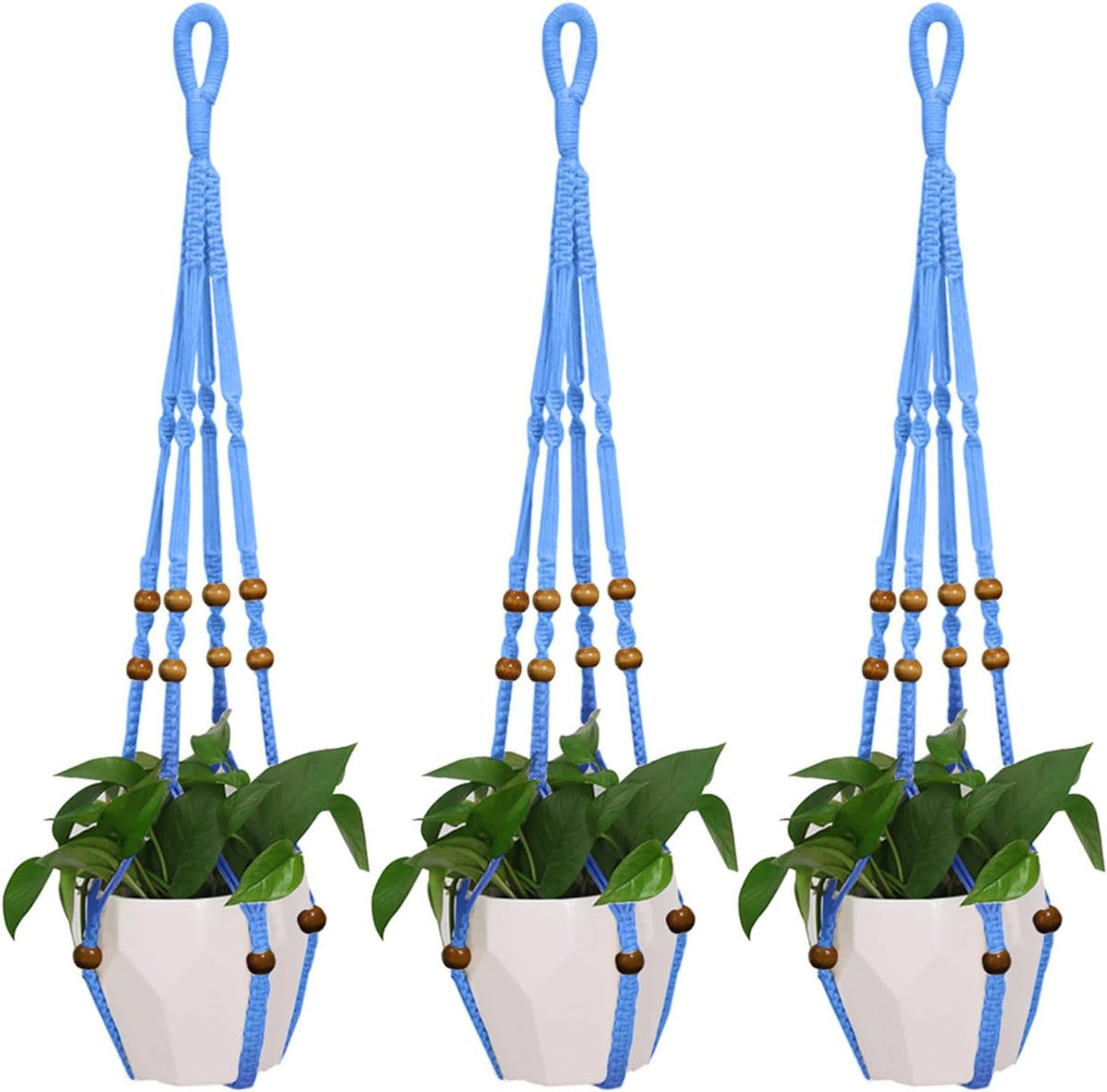 3 Pcs 35 Inch Macrame Plant Hanger Flower Pot Hanging Plant Holder No Tassels Decorative Hanging Planter Basket with Wood Beads for Indoor Outdoor Home Decor (Blue)