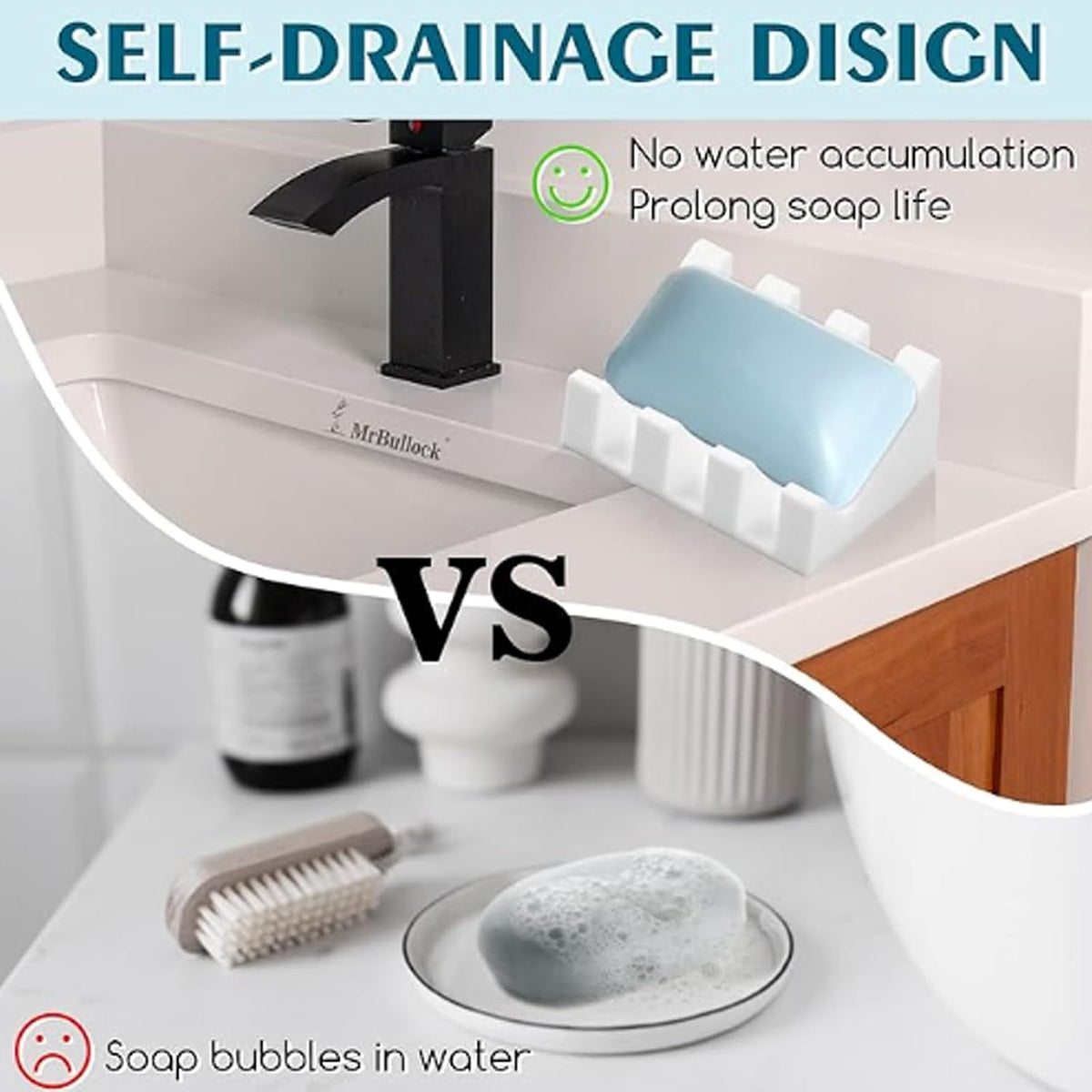 Silicone Soap Dish, Bar Soap Holder for Shower Bathroom, Kitchen, Bathtub, Self Draining Waterfall Drying Tray Keep Soap Bars Dry Clean & Easy Cleaning (White)
