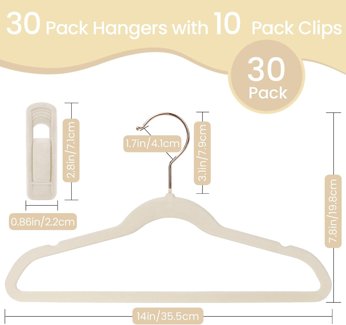 Kids Hanger Velvet, Childrens Velvet Hangers, 14In, Beige, 30 Pack