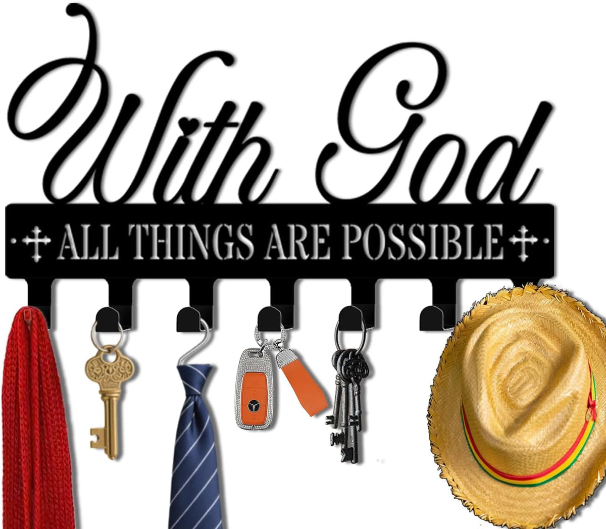 Key Holder Wall Mount, with God All Things are Possible Sign, Key Holder Wall for Wall Decorative with 6 Hooks, Organizer Rack Hanger for Entryway, Front Door, Hallway, Office 9.8 inches