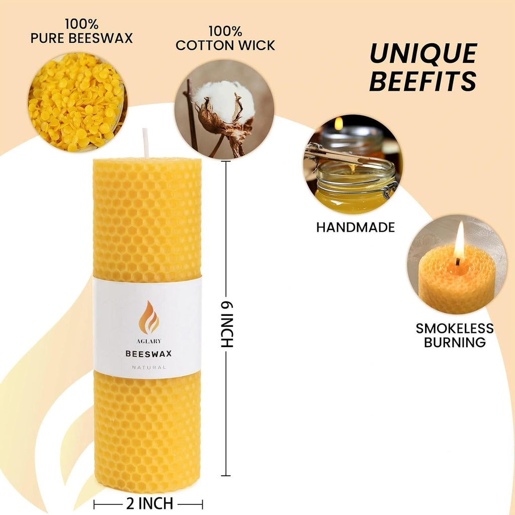 6-Pack 2x6 Beeswax Pillar Candles, Hand-Rolled Honeycomb, Natural Yellow