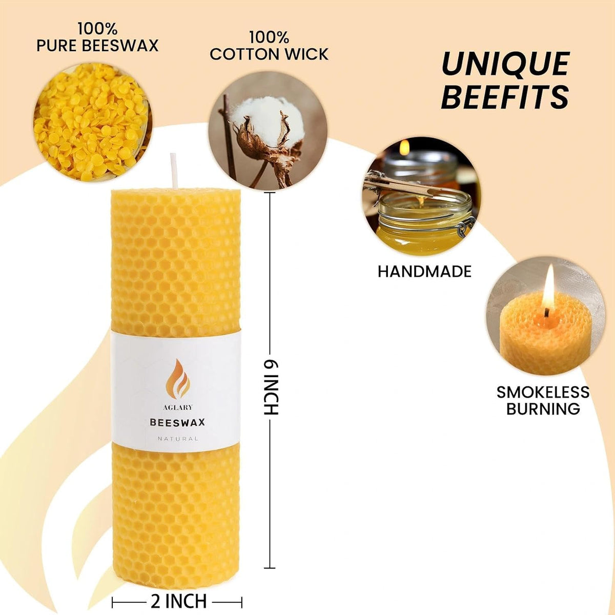 2-Pack 2x6 Pure Beeswax Pillar Candles, Hand-Rolled Honeycomb Texture