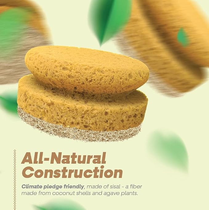 SCRUBIT Natural Scouring Pads, Eco Friendly Scrubbing Sponges for Kitchen Cleaning and Dishes, Non-Scratch Dish Scrubber with Easy-Grip Sponge Handle - Biodegradable - 2 Pack