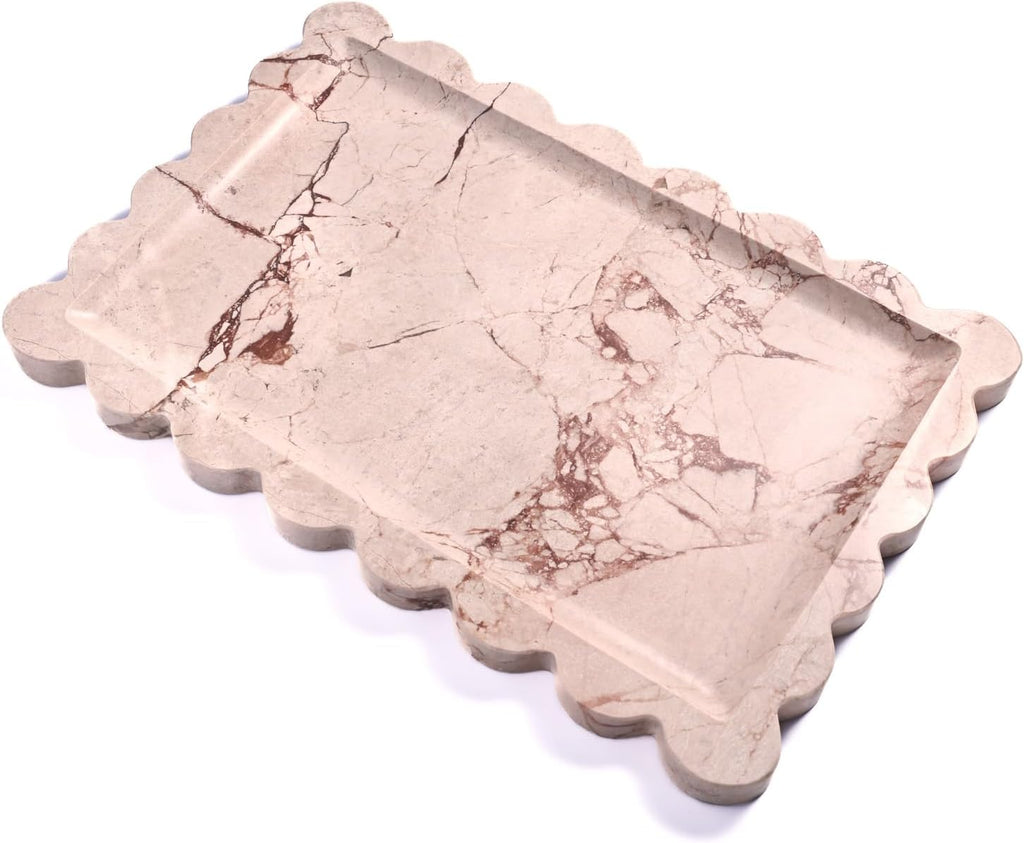 Yew & Tulip Natural Marble Vanity Tray with Scalloped Rim, Nature Rose Pink Luxury Stone Serving Tray for Bathroom, Kitchen, Vanity, Home Decor, Wedding etc. (12"x 8" x 0.6")