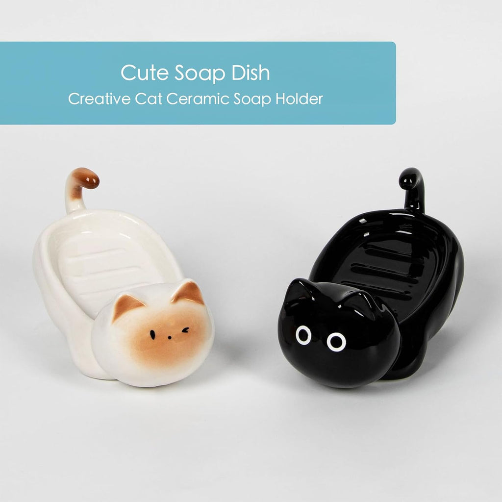 Ceramic Cute Cat Soap Dish 45° Self Draining Tray (Black)