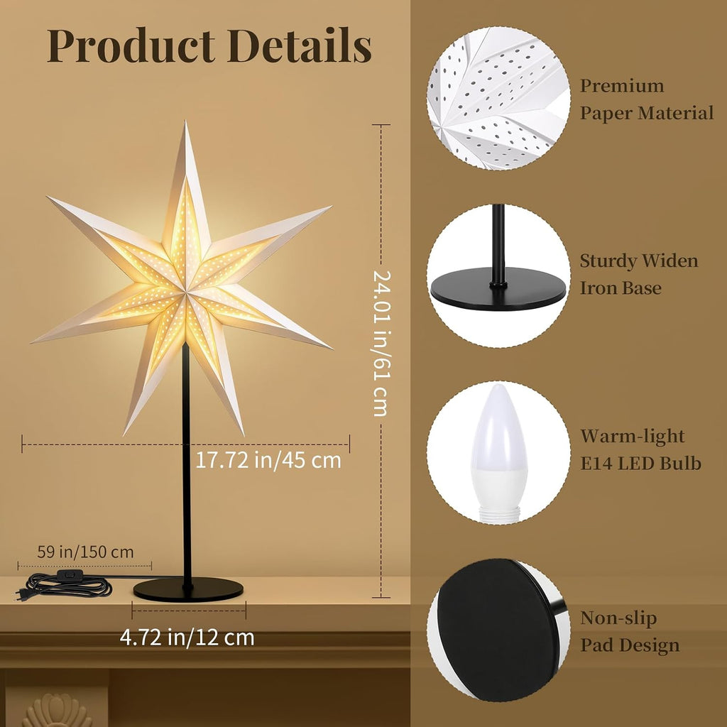 Lewondr 3D Christmas Paper Star Table Lamp, 17.72" 7-pointed Xmas Star