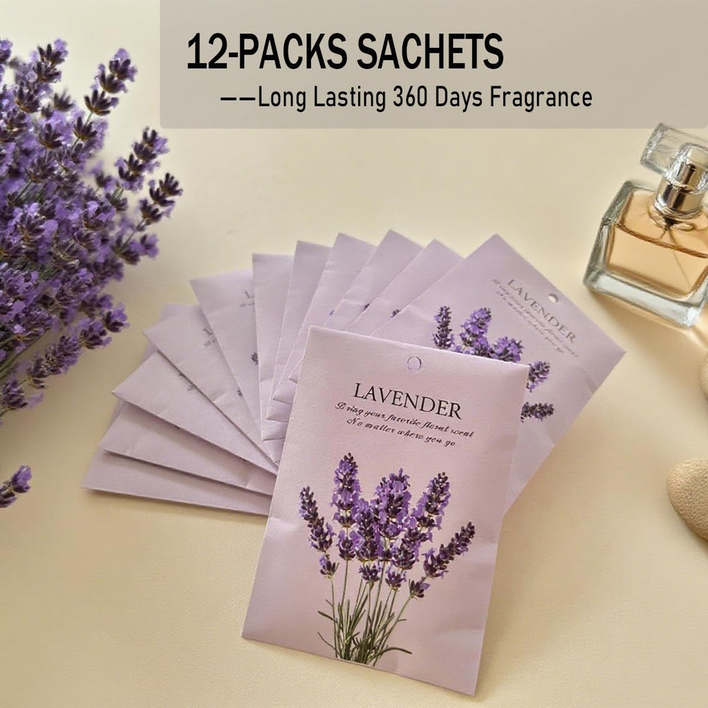 Lavender Scented Sachet Bags - 12 Pack Home & Car Freshener, Odor Eliminator for Closets, Rooms, Drawers, Wardrobes, Toilets, Long - Lasting 360 - Day Fragrance