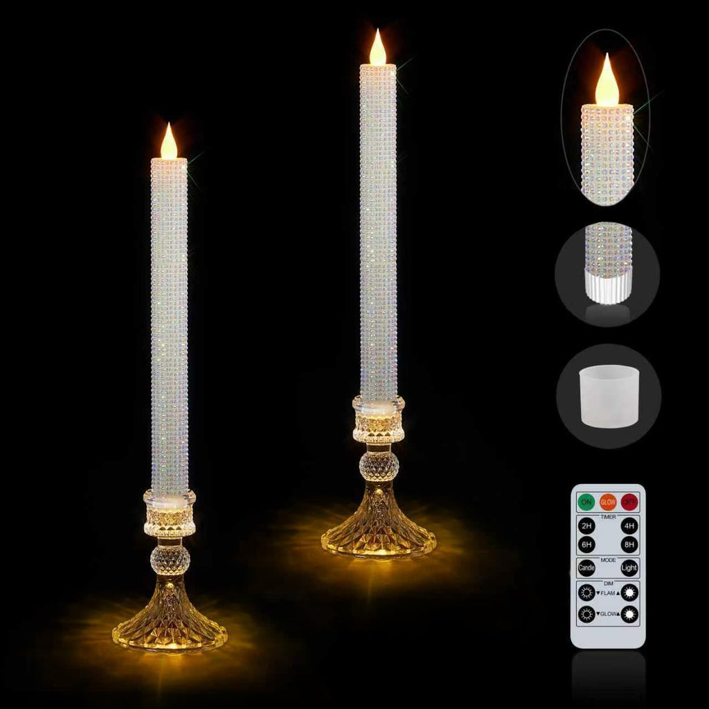 Flameless Taper Candles w/Holder, Crystallized-Brilliant, 2 Pack