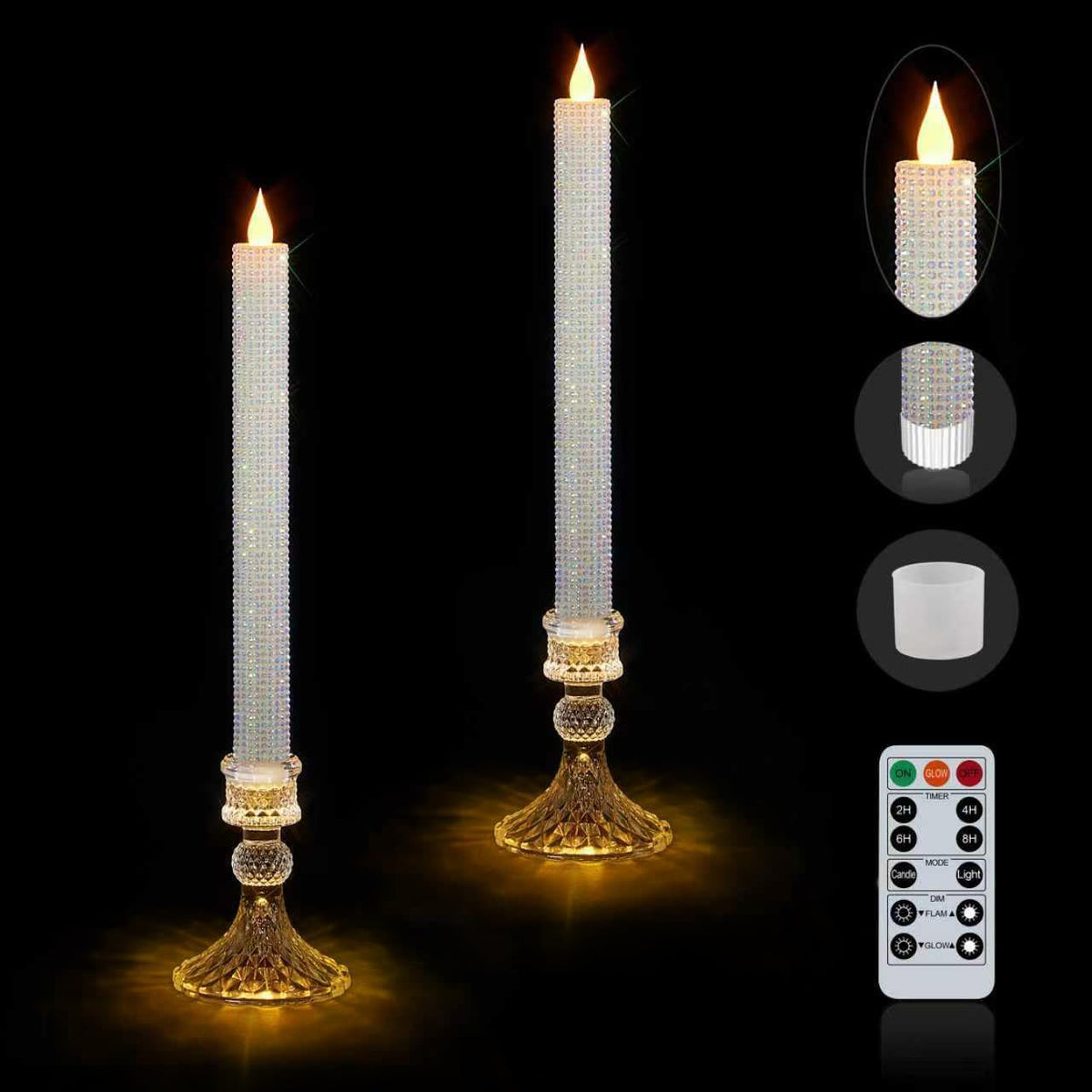Flameless Taper Candles w/Holder, Crystallized-Brilliant, 2 Pack