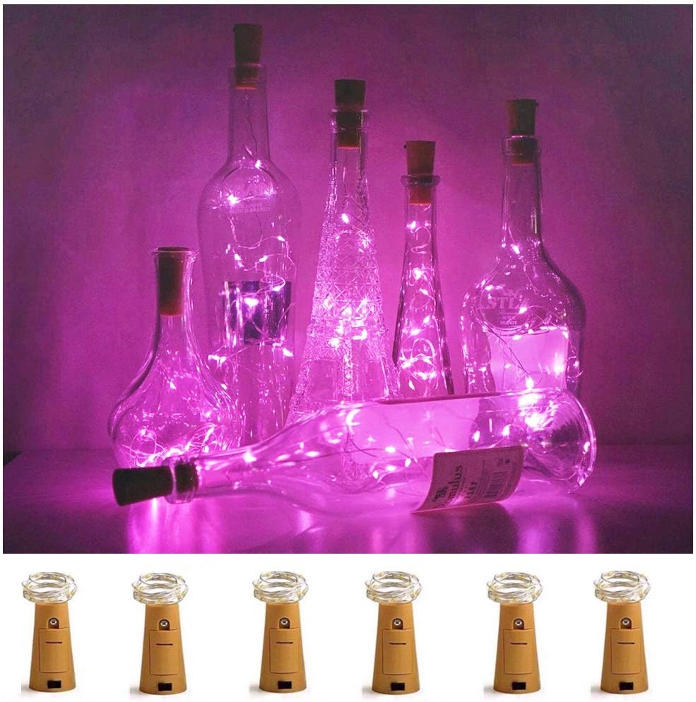 Wine Bottle Lights with Cork, 6 Pack Battery Operated 15 LED Cork Shape Silver Wire Colorful Fairy Mini String Lights for DIY, Party, Decor, Christmas, Halloween,Wedding (Pink)