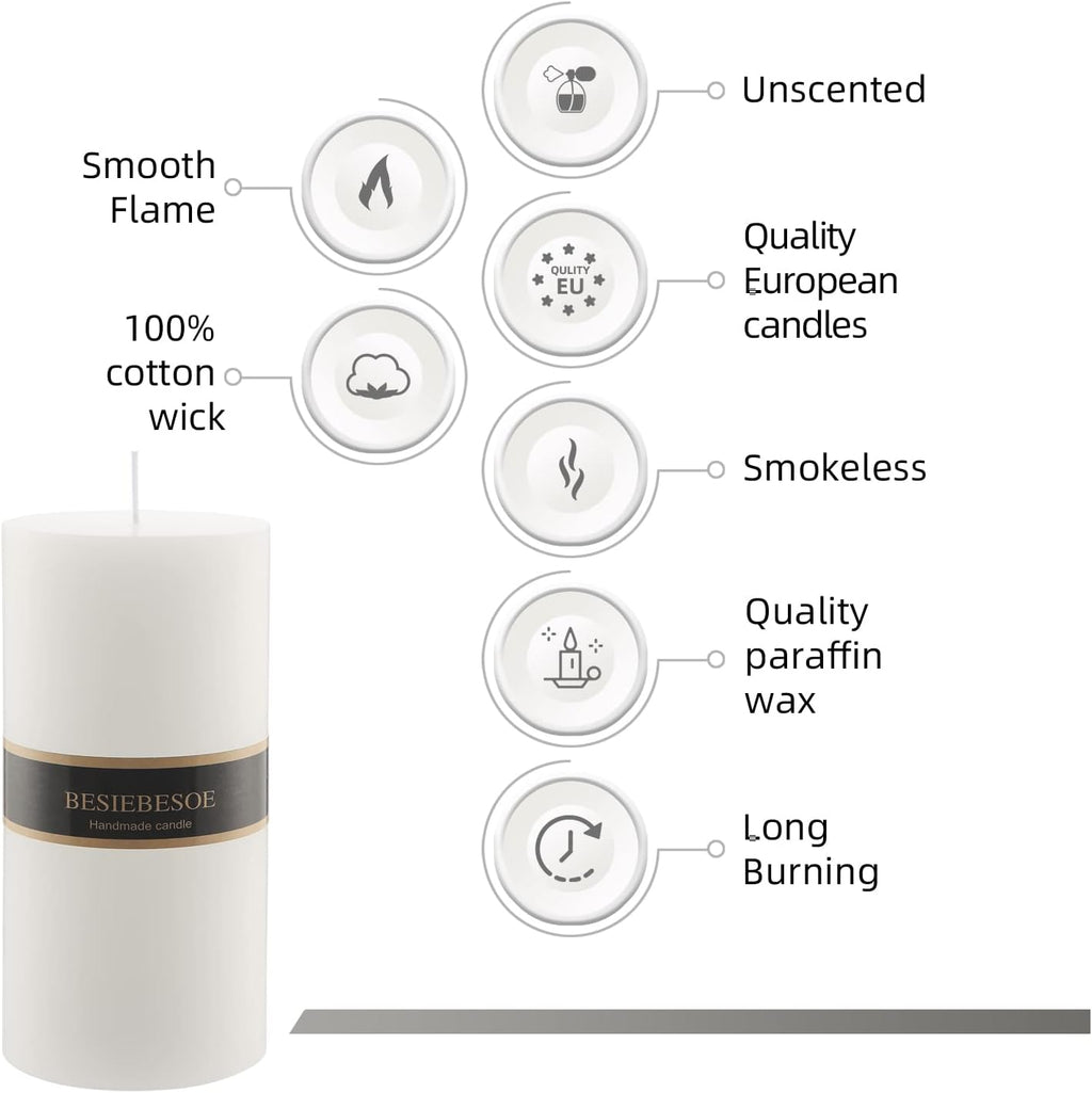 3×6 White Pillar Candles Set of 6 Unscented Handpoured Weddings, Home Decoration, Restaurants, Spa, Church Smokeless Cotton Wick 300 Hour