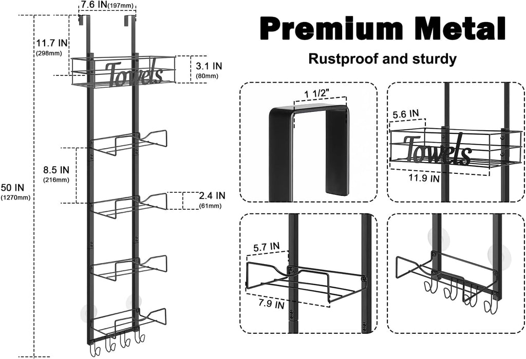 Over The Door Towel Racks, No Drill Towel Storage with Basket & Hooks, Space-Saving Multi-Functional Towel Holder for Bathrooms, bedrooms, Apartments, RVs (Matte Black, 6 Tier)