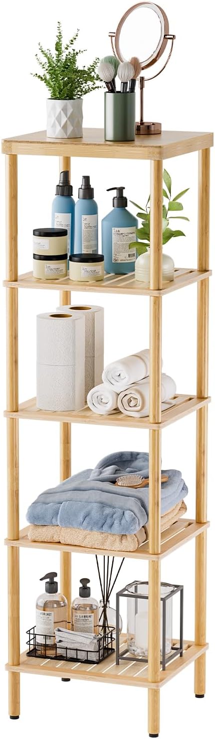 AmazerBath 5-Tier Bamboo Bathroom Shelf, Bathroom Standing Shelves, Multifunctional Shelving Unit for Living Room Bedroom Kitchen, Natural Color