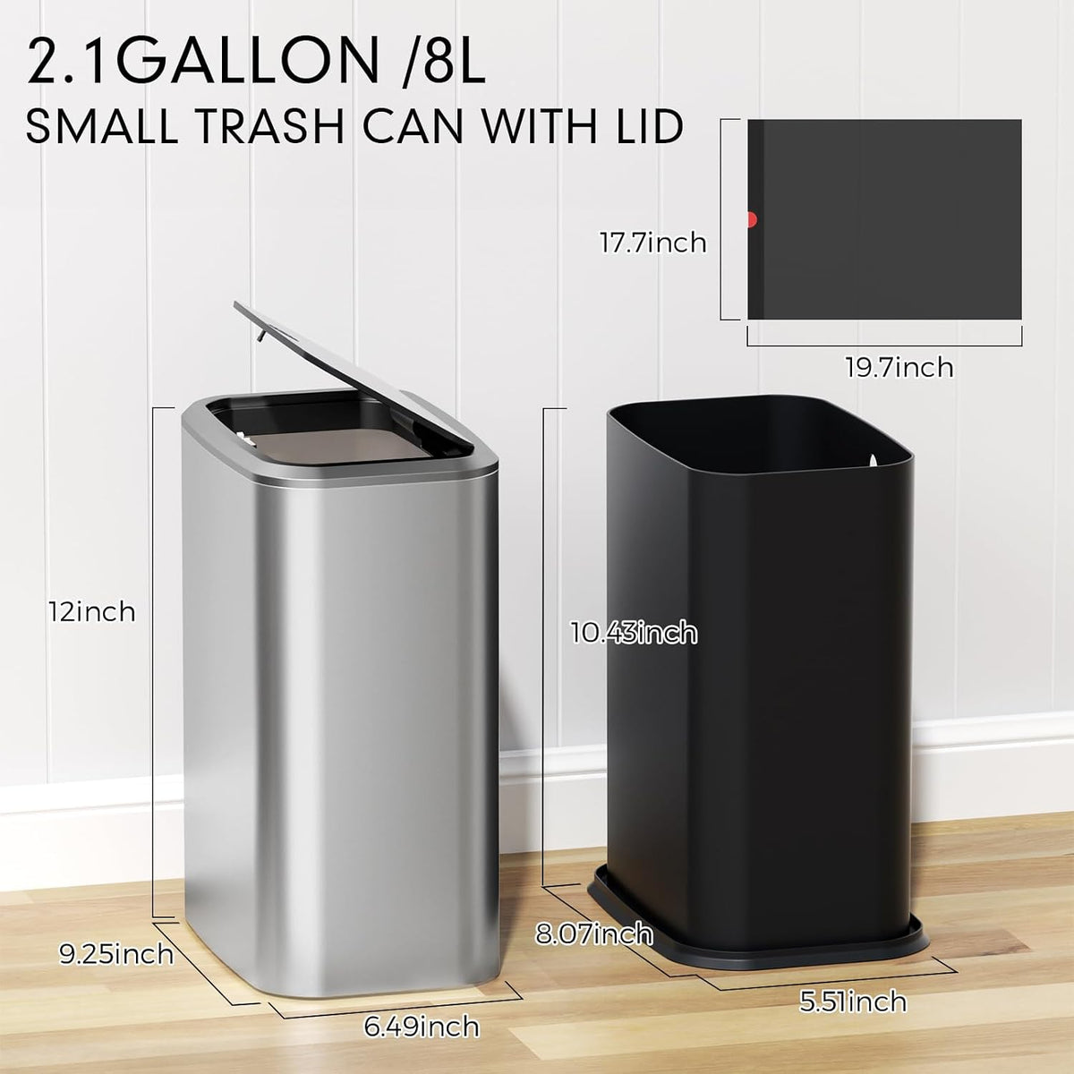 Bathroom Trash Can with Lid, 8L/2.1 Gallon Silver Trash Can Small Garbage Can with Press Top Lid Slim Stainless Steel Garbage Can with 100 Counts Trash Bags for Bathroom Bedroom Kitchen Office Toilet