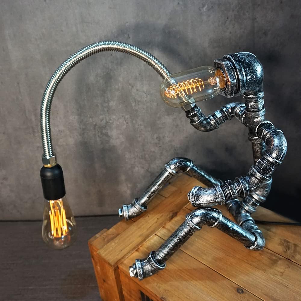 Steampunk Table Lamp Water Pipe Robot Vintage Industrial Style Desktop Cool Table Lamp for Bedside Cafe Bar Night Light Desk Decorations Birthday New Year Gifts