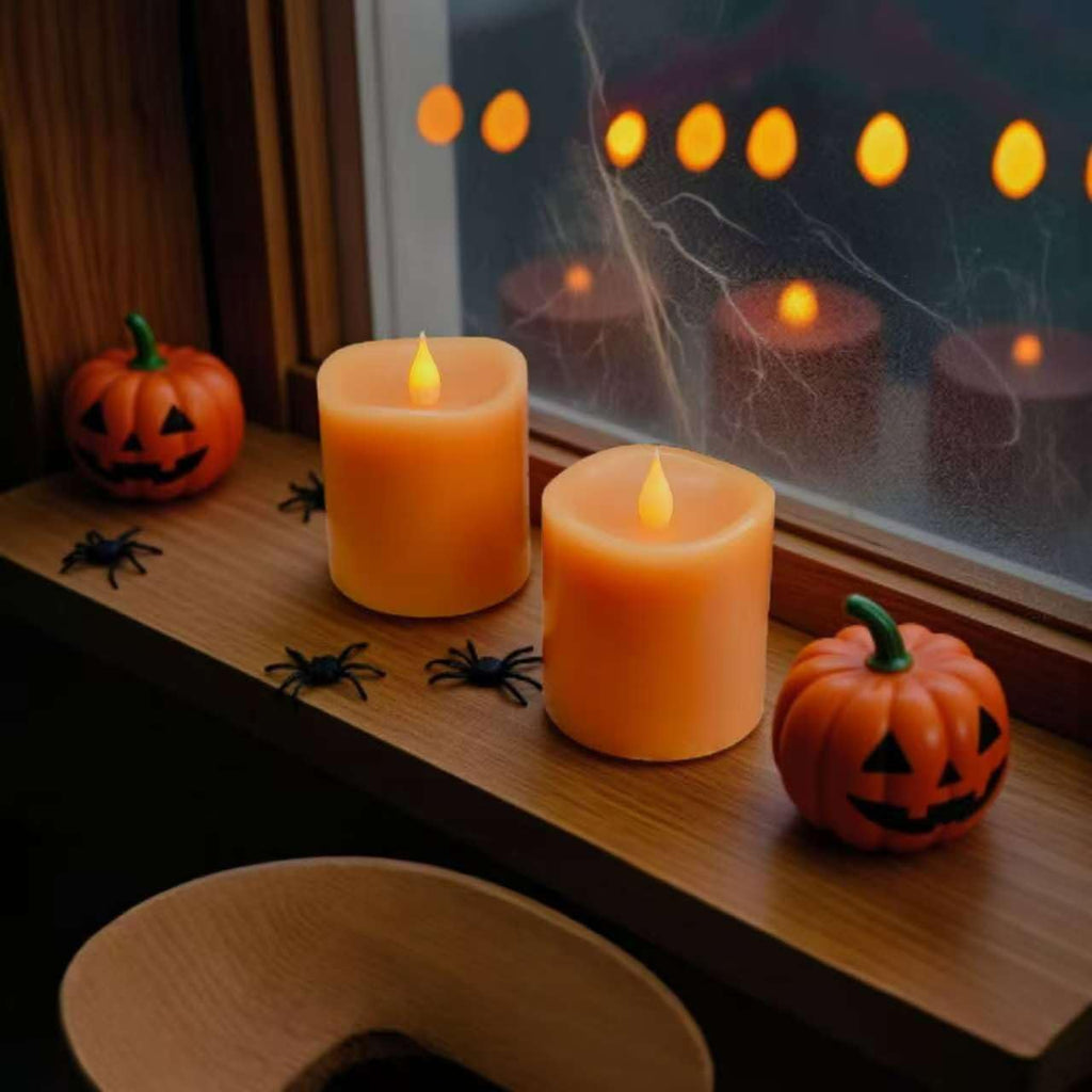Fall Flameless LED Candles 3 inch Diameter Real Wax 2AA Battery Operated 600hr+ Flickering Candles with Timer Remote Control for Halloween Thanksgiving Christmas Indoor (Orange, 3″×3″- 2 PCS)