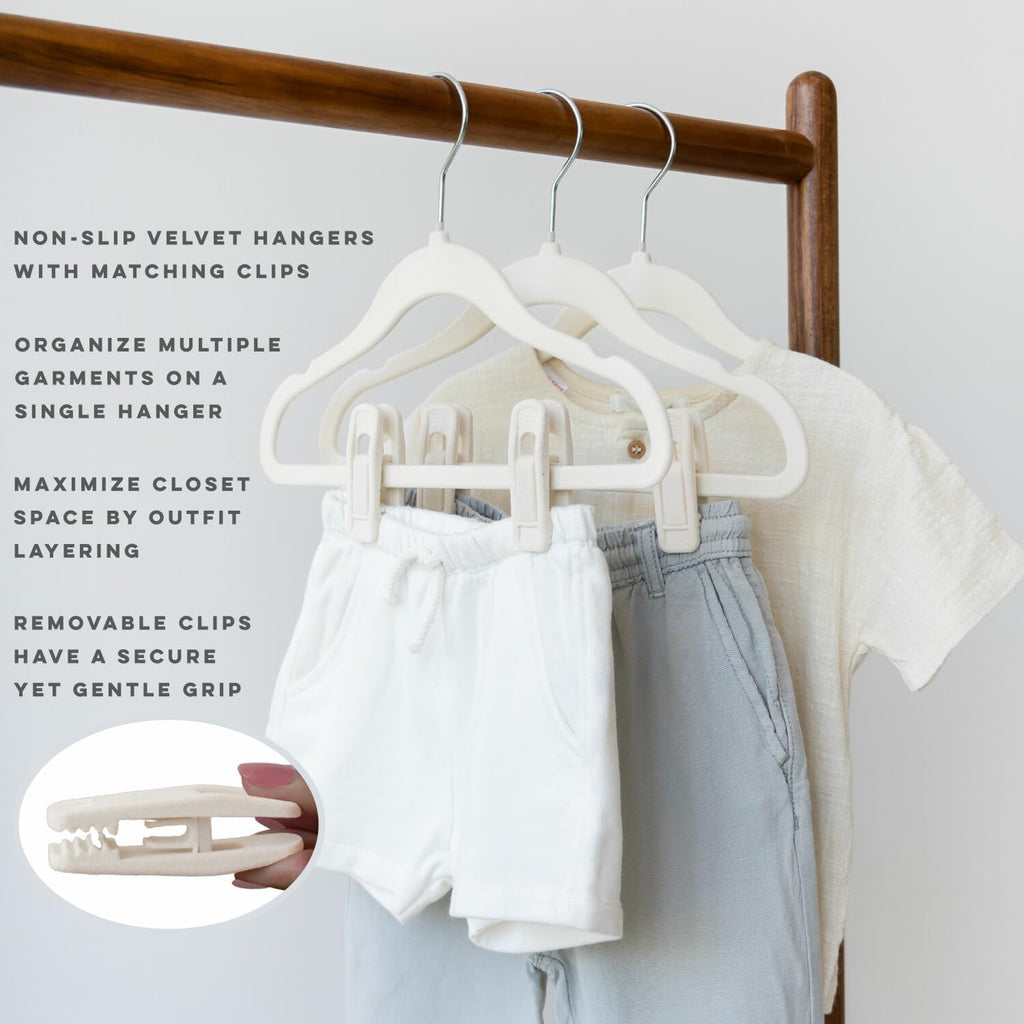 3 Sprouts Velvet Baby Hangers, Non Slip Slim, Cream, 30 Pack with 10 Clips