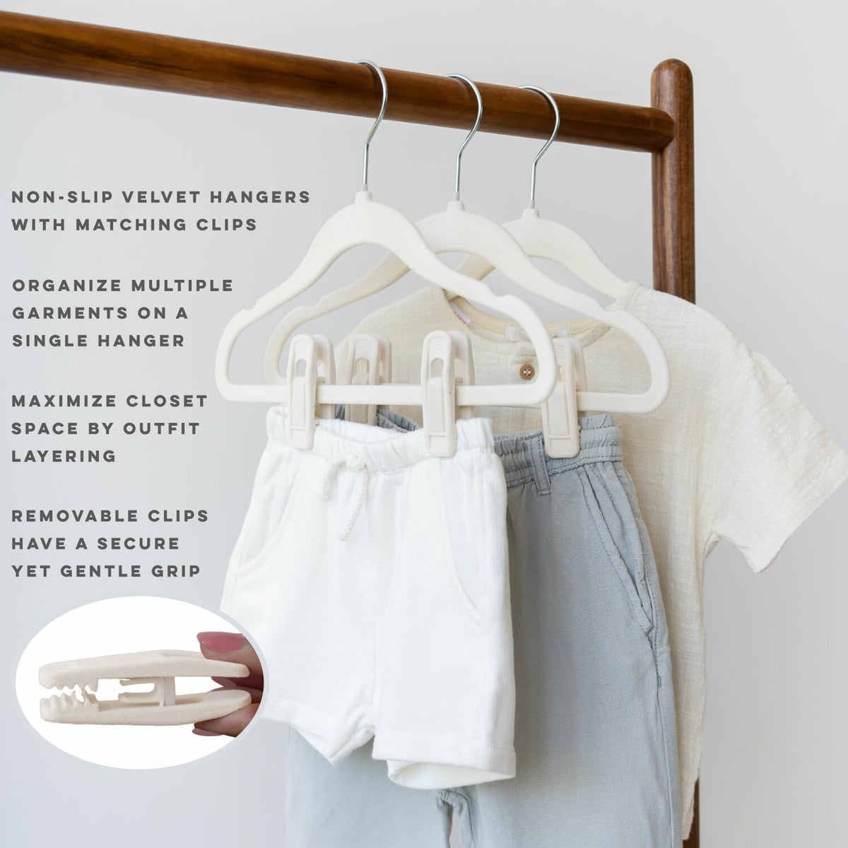 3 Sprouts Velvet Baby Hangers, Non Slip Slim, Cream, 30 Pack with 10 Clips