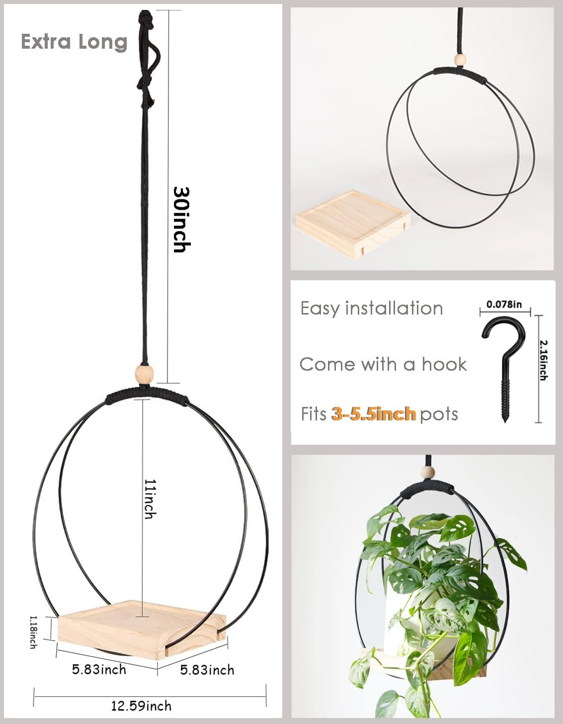 Plant Hanger with Wood Base - Boho Macrame Hanging Plant Holder for Indoor Plants Hanging Planter for Wall /Window/Room Decor Black (Pot & Plant Not Included)