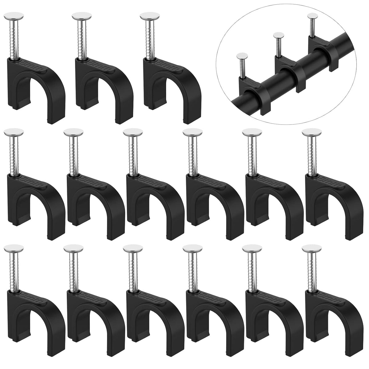 Cable Clips Black - AOPOCKAN TECH 100 Pieces Ethernet Cable Clips with Steel Nails 8mm Cord Holder for Cat8 Cat7 Cat6 Round Ethernet Cable - 0.32 inch