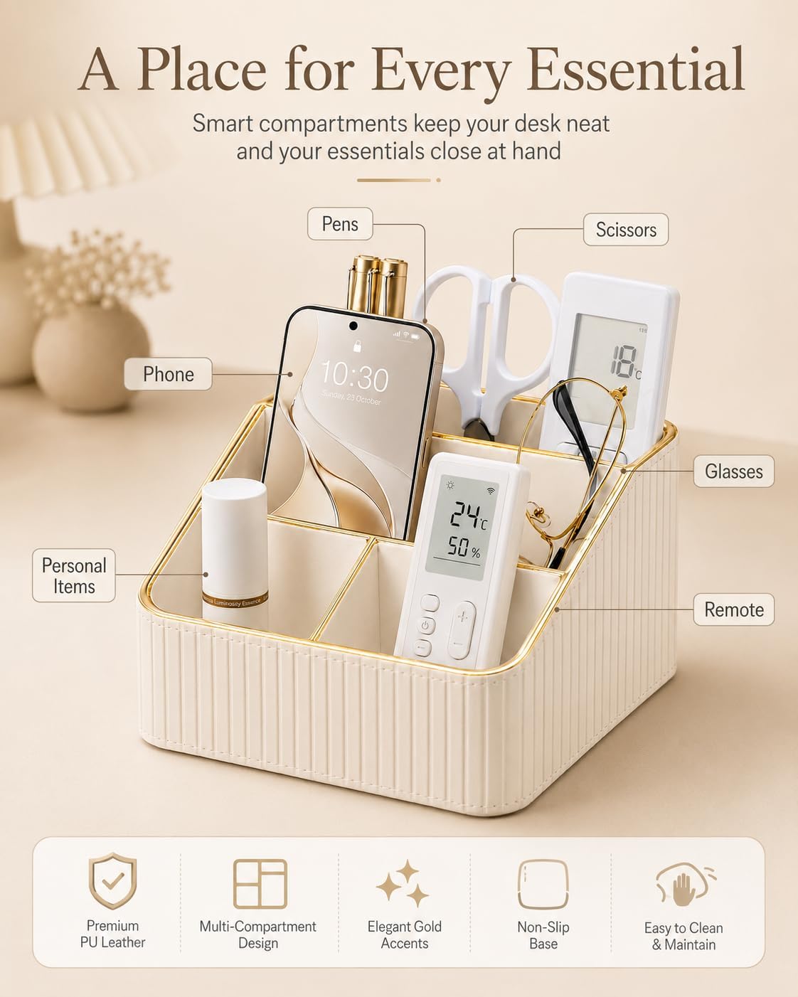 KINGFOM PU Leather Remote Control Holder, 4 Compartment Nightstand Organizer with Gold Trim, Small Desk Organizer for Office Supplies, Phone, Glasses, Pens, Bedside Table, Living Room Decor White