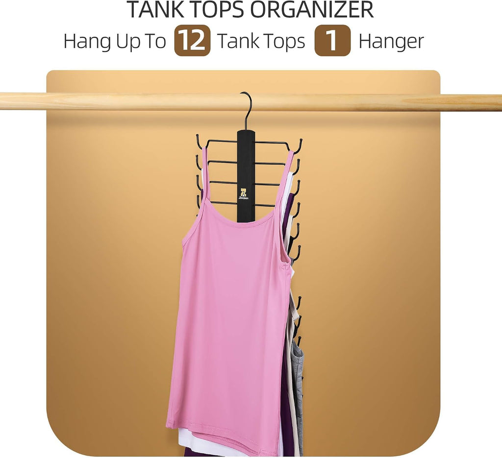 ZEDODIER Tank Top Hanger，2 Pack Wooden Bra Organizer for Closet, 12 Storage Capacity, Top 360° Rotation, Hanging Space Saving Hook for Tank Tops, Sport Bras, Camisoles, Lingeries, Black