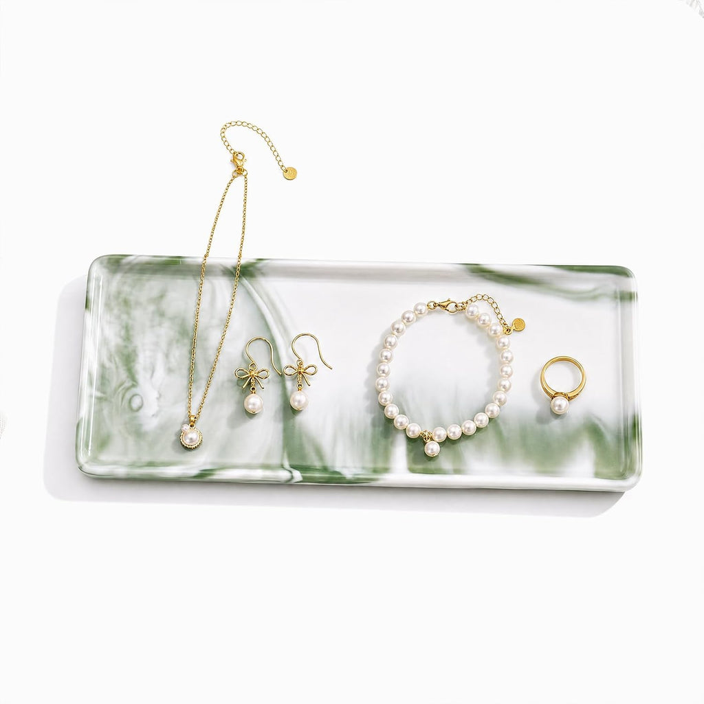 8″ x 3.7″ Inch Ceramic Vanity Tray, Decorative Rectangular Organizer for Bathroom Countertop, Dresser Top, Kitchen & Bathtub, for Soap, Perfume, Candle, Jewelry & Cosmetics (Marble-Green)