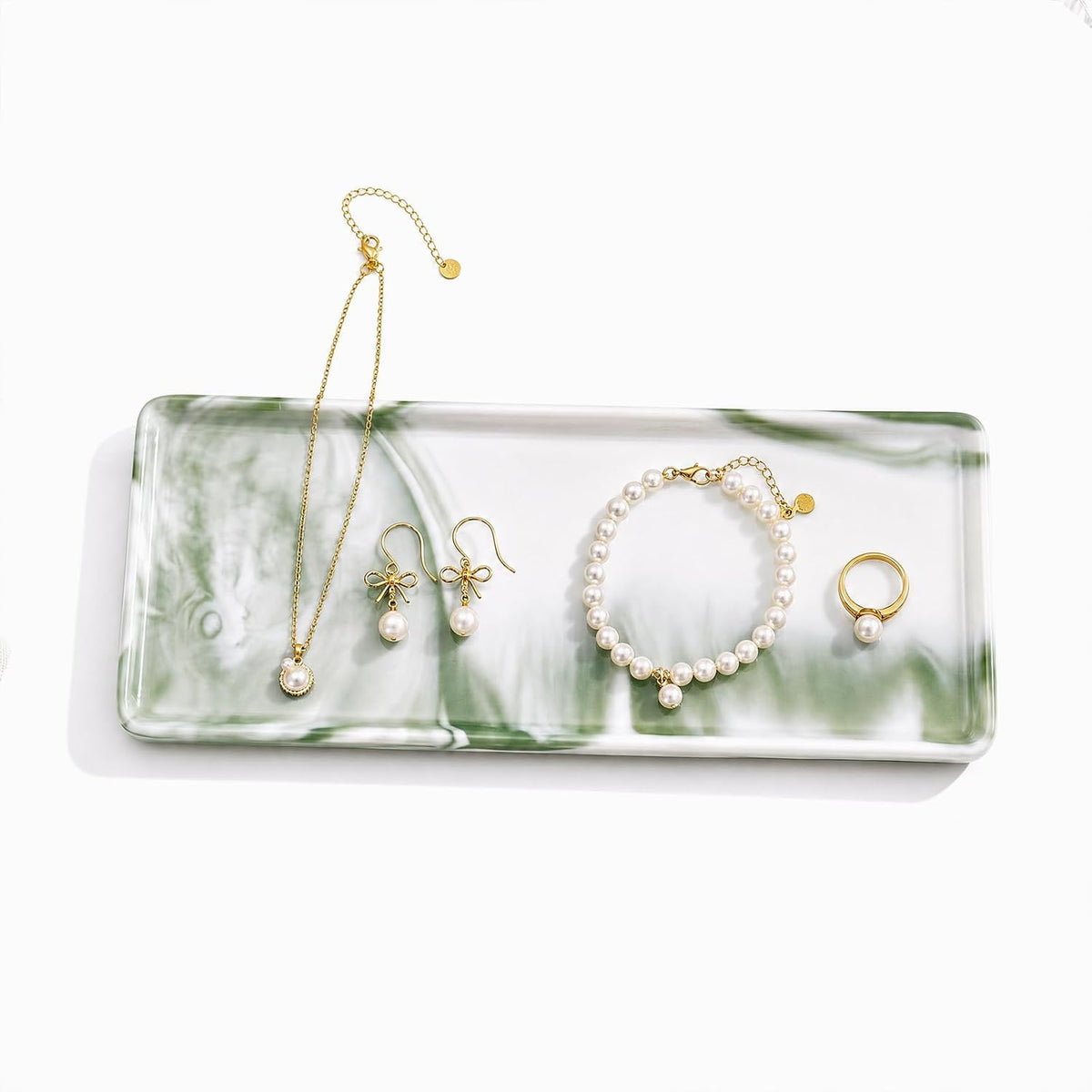 8″ x 3.7″ Inch Ceramic Vanity Tray, Decorative Rectangular Organizer for Bathroom Countertop, Dresser Top, Kitchen & Bathtub, for Soap, Perfume, Candle, Jewelry & Cosmetics (Marble-Green)