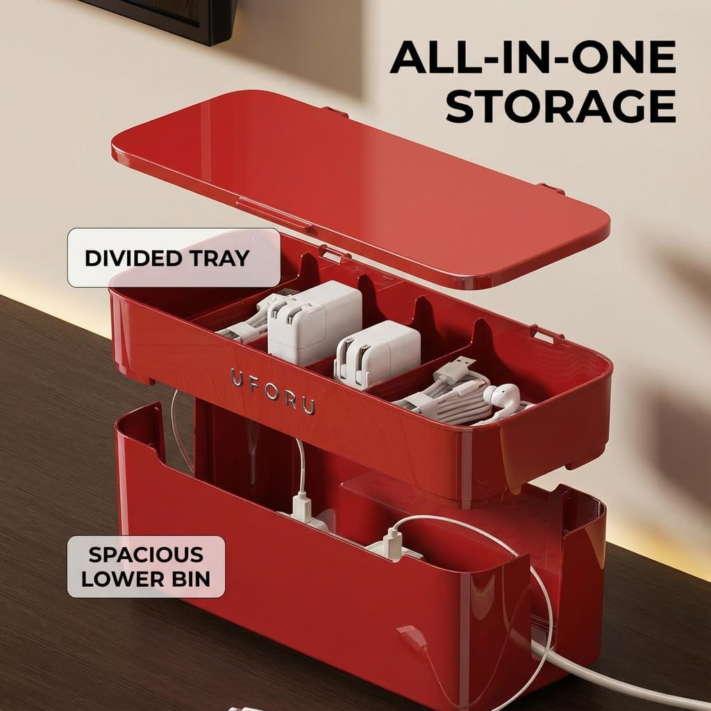 2-Tier Rolling Cable Management Box with Wheels (Large) – Mobile Power Strip Hider & Cord Organizer – Under Desk Wire Concealer & Charging Station Organizer – Baby & Pet Proof Safety (Cream White)