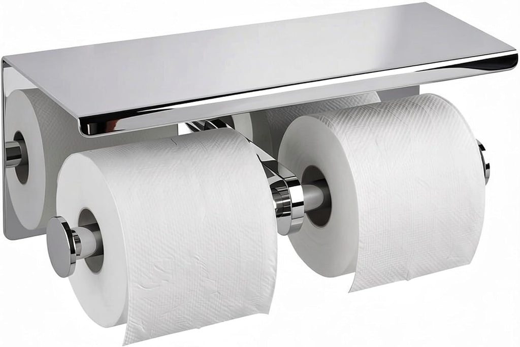 Double Toilet Paper Holder Tissue Roll Rack with Phone Storage Shelf