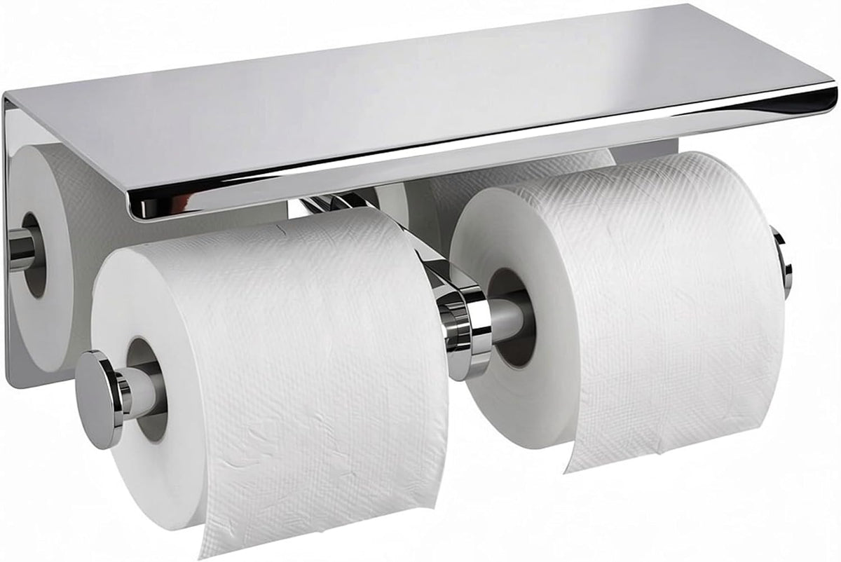 Double Toilet Paper Holder Tissue Roll Rack with Phone Storage Shelf