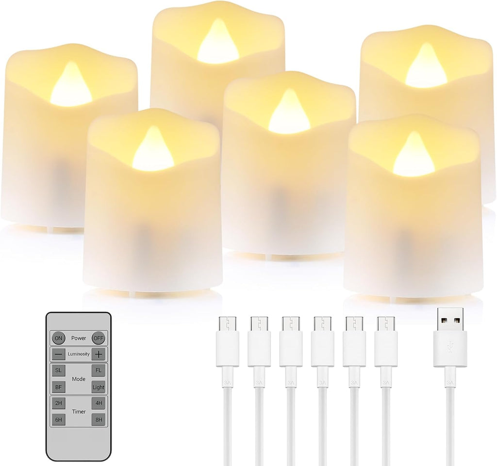 Rechargeable,6pcs Flickering LED Tea Lights Candles with USB Charging Cables, Flameless Votive Candles with Timer & Remote, Warm White Light Electric Fake Candle for Christmas Festival Decor Home