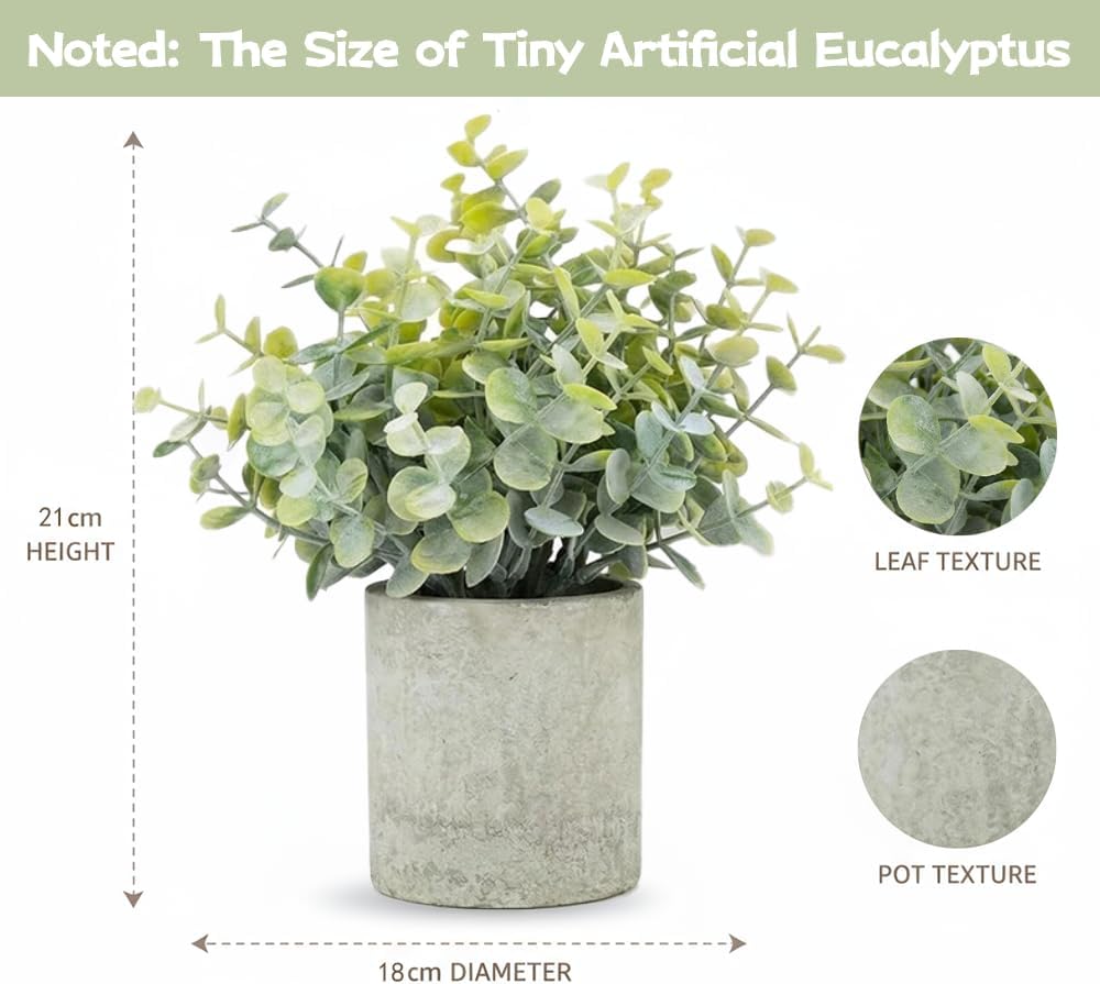 2 Pack Small Fake Eucalyptus Faux Potted Artificial Plants for Home Decor