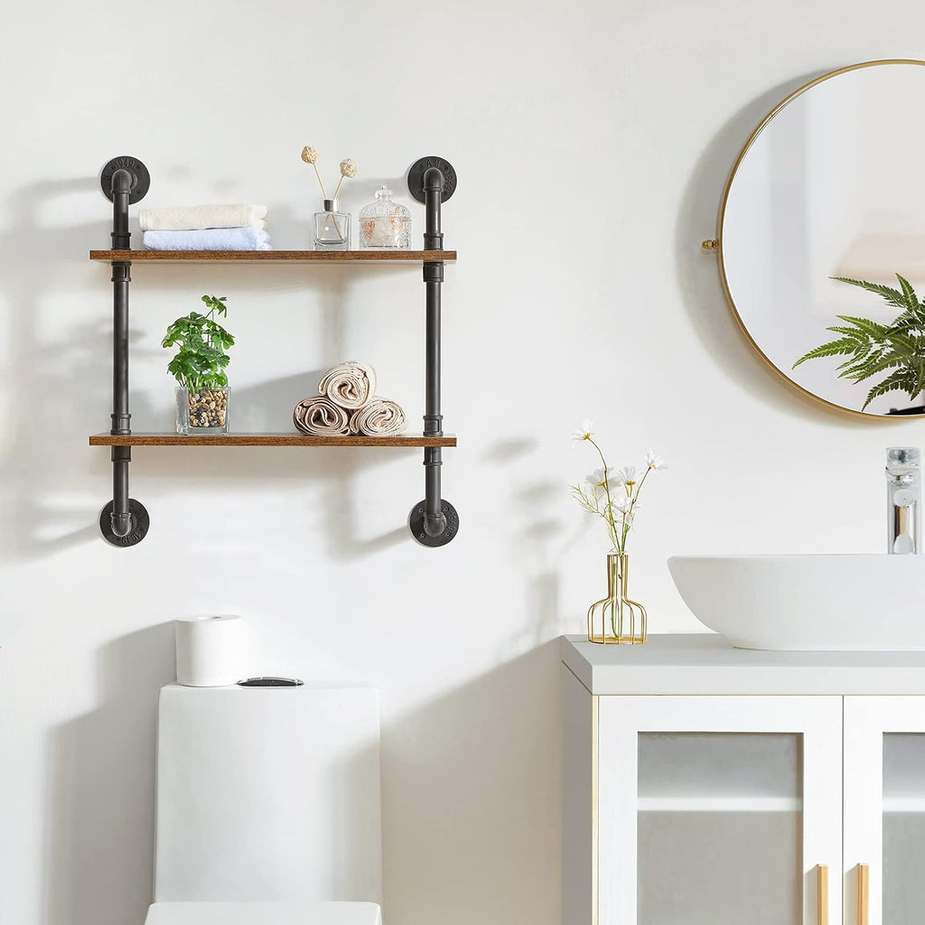 YMYNY 2 Tier Wall Mounted Floating Shelf 24x7.8x28.5 Rustic Brown HRF-TM004