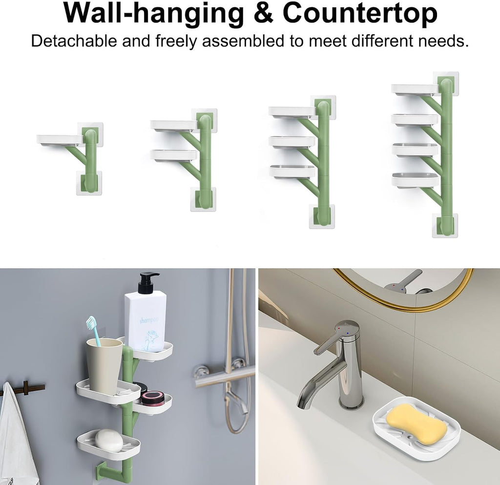 Soap Holder Four Layer Wall Mounted NO-Drilling Rotatable Self-draining Removable Soap Dish for Shower Bathroom Tray,Self Draining Sponge Holder,Razor Holder（White/Green）