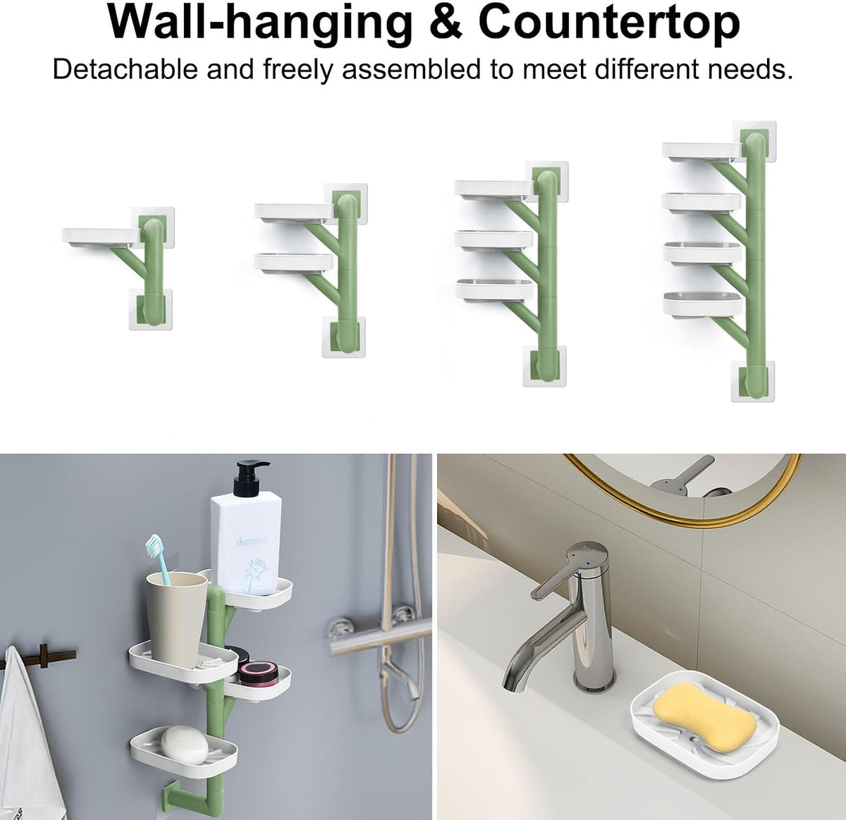 Soap Holder Four Layer Wall Mounted NO-Drilling Rotatable Self-draining Removable Soap Dish for Shower Bathroom Tray,Self Draining Sponge Holder,Razor Holder（White/Green）