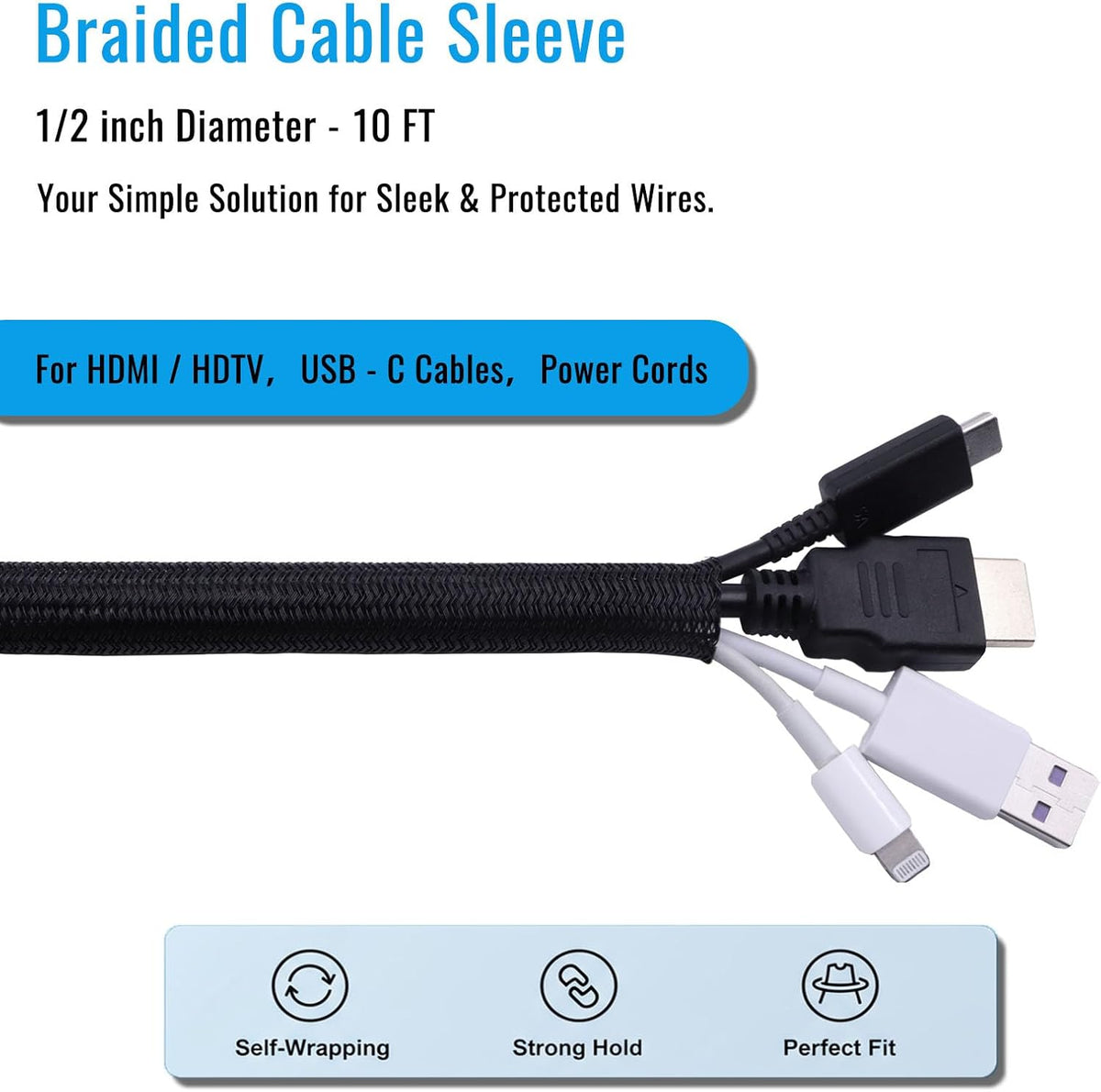1/2" - 10Ft Split Braided Cable Sleeve, Wire Loom Tubing, Black