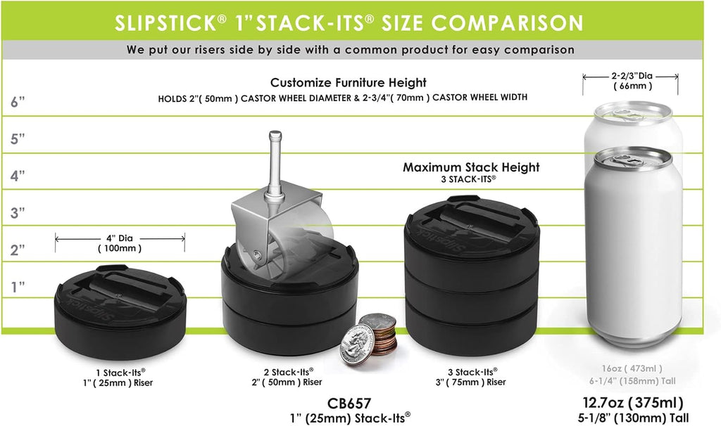 Slipstick Stack-Its 1 Inch Adjustable Bed Risers/Furniture Risers (Set of 8) Lifts Height 1", 2" or 3" – Black Heavy Duty Risers for Desks, Couches, Sofas, Beds, Tables, Dressers, and More