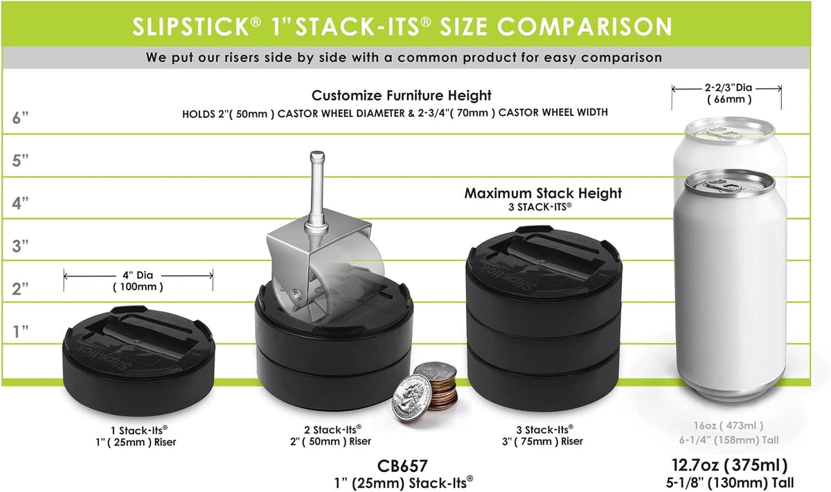 Slipstick Stack-Its 1 Inch Adjustable Bed Risers/Furniture Risers (Set of 8) Lifts Height 1", 2" or 3" – Black Heavy Duty Risers for Desks, Couches, Sofas, Beds, Tables, Dressers, and More