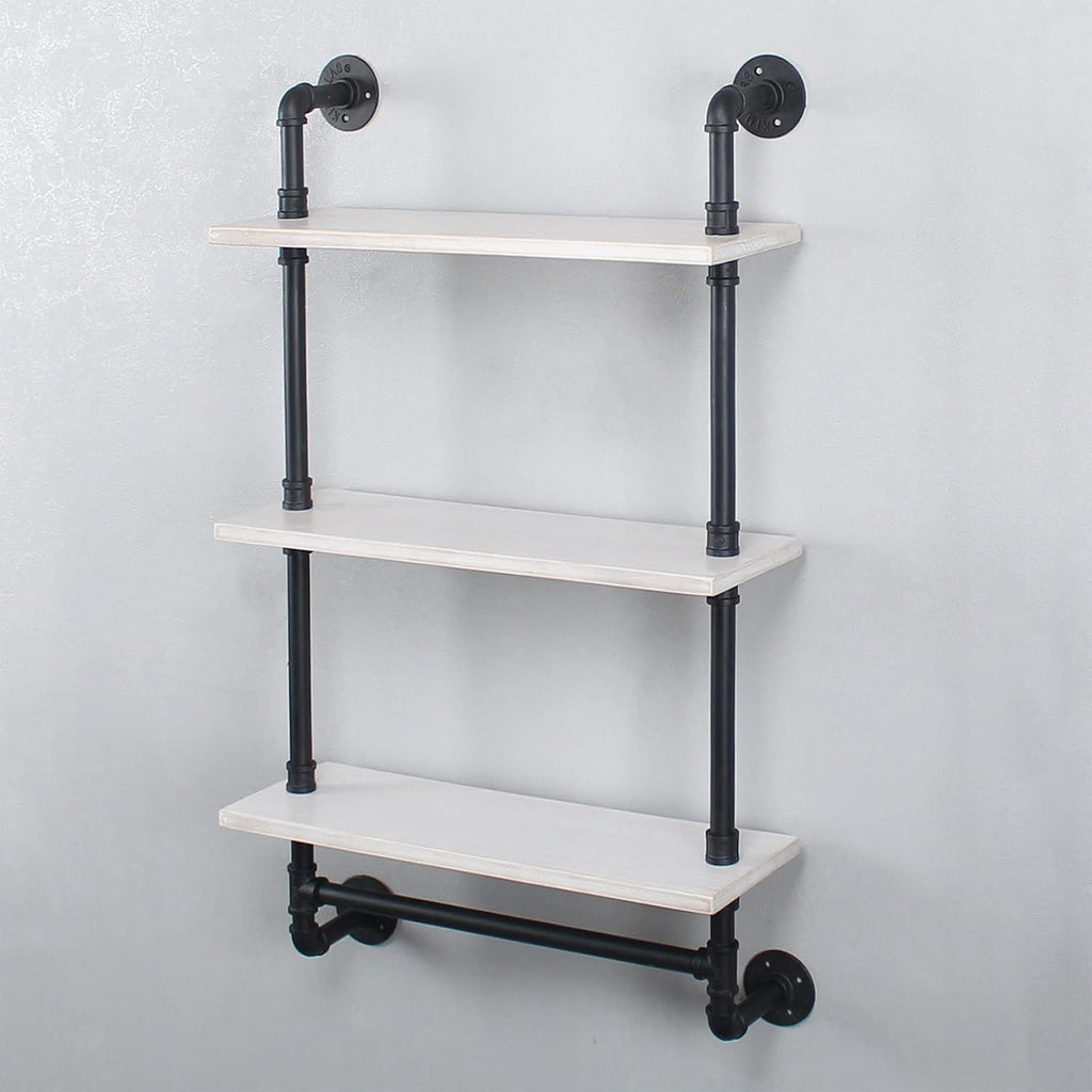 MBQQ Iron Pipe Shelves Industrial Bathroom Shelves with Towel bar,24in Rustic Metal Pipe Floating Shelves Pipe Wall Shelf,3 Tier Industrial Shelf Wall Mounted,Black & White