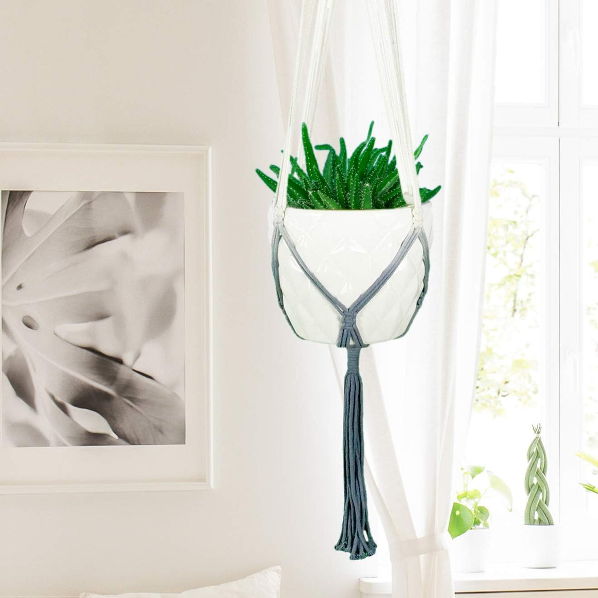 LIVALAYA Macrame Plant Hangers Wall Planter - Grey Ombre 48 Inch, Indoor or Outdoor Cotton Rope Hanging Plant Holder for Flower Pots - Modern Boho Home Décor, US Brand
