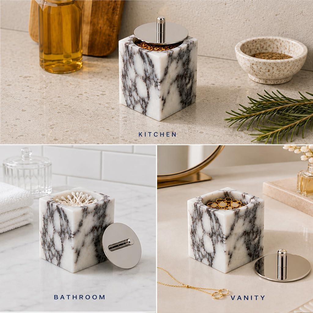 Marble Canisters Q-Tip & Square Cotton Swab Holder with Secure Lid