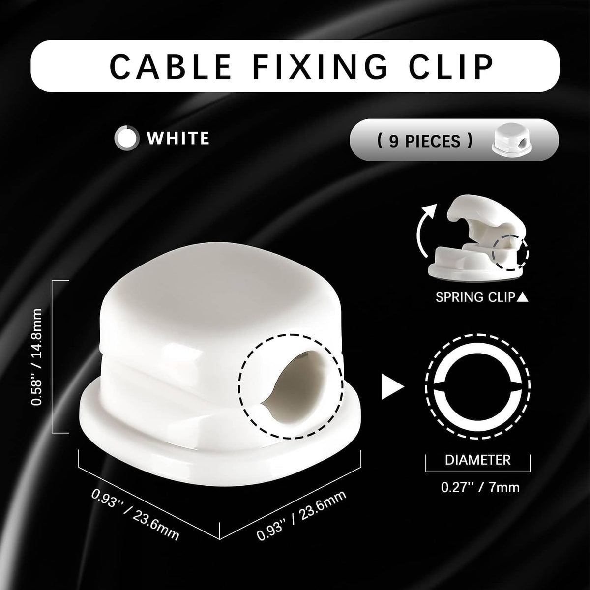 7mm Spring Cable Holder Clips, 9 Pack Desk Cord Organizer, White