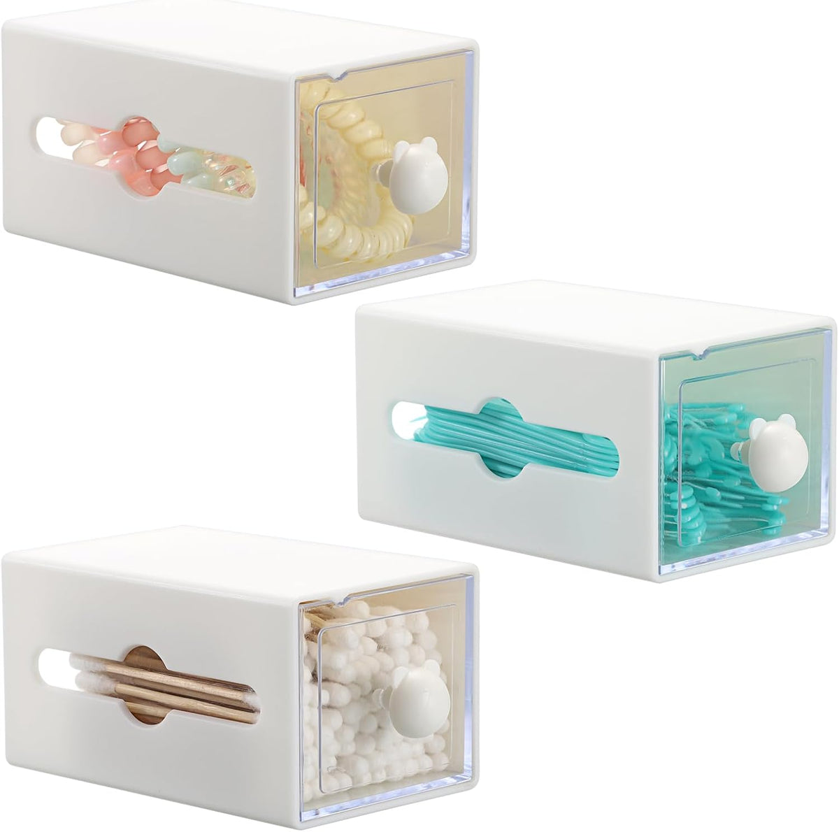 3 Packs Qtip Holder for Bathroom Plastic Q-tip Dispenser with Drawer Wall Mounted Cotton Swab Holder Bathroom Vanity Makeup Organizer for Qtip Cotton Balls Pads Floss Picks