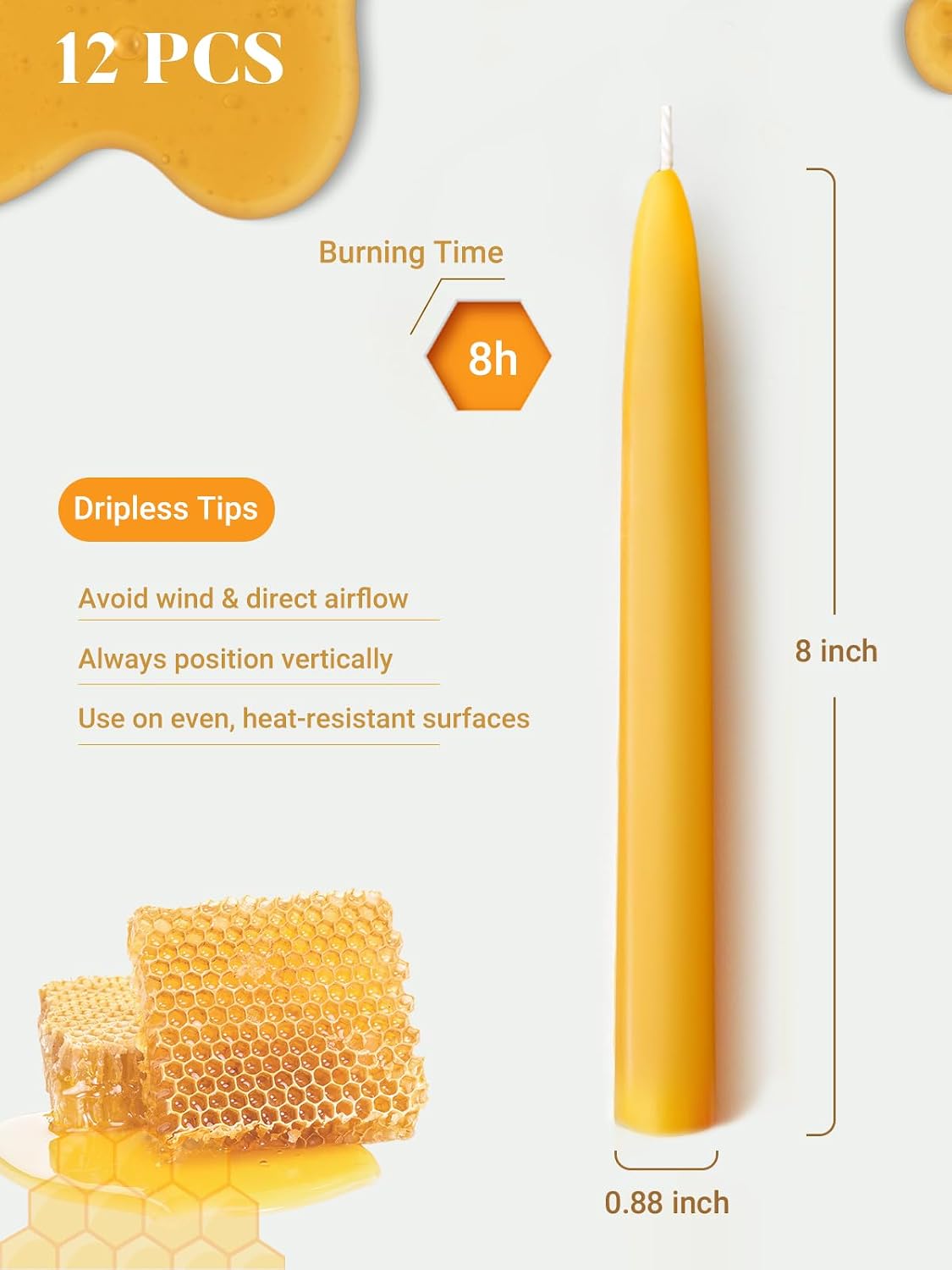 Ashlux Beeswax Taper Candles, 12 Pack Candle Sticks 8 Inch in Yellow