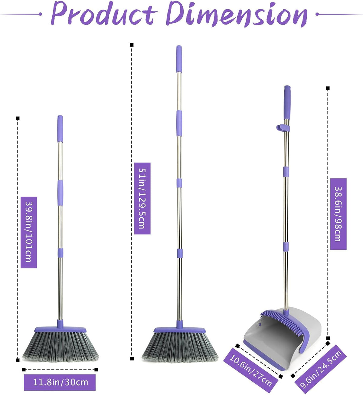 Broom and Dustpan Set with 51" Adjustable Long Handle-Gray Purple